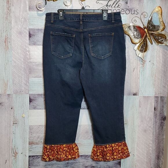 Upcycled Rust Gold Flowers Ruffle Beaded Lace Frayed BoHo Crop Jeans Sz 16 - Picture 9 of 13